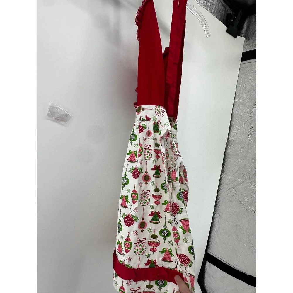 Christmas Kitchen Apron Red Green Ornament Bell Print Ruffle Cotton